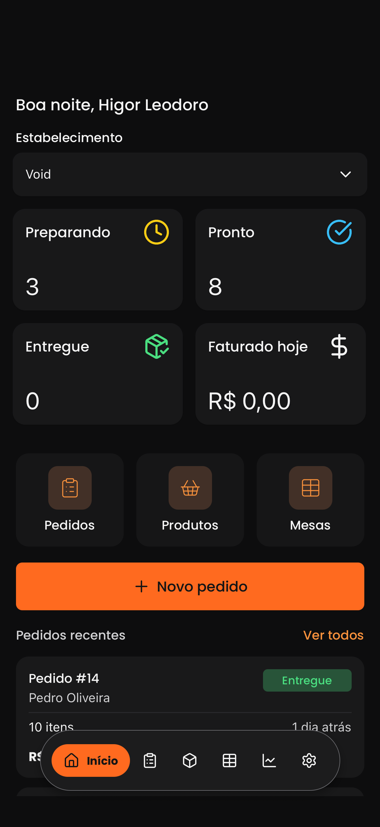 Dashboard do Comanda Digital mostrando estatísticas de pedidos